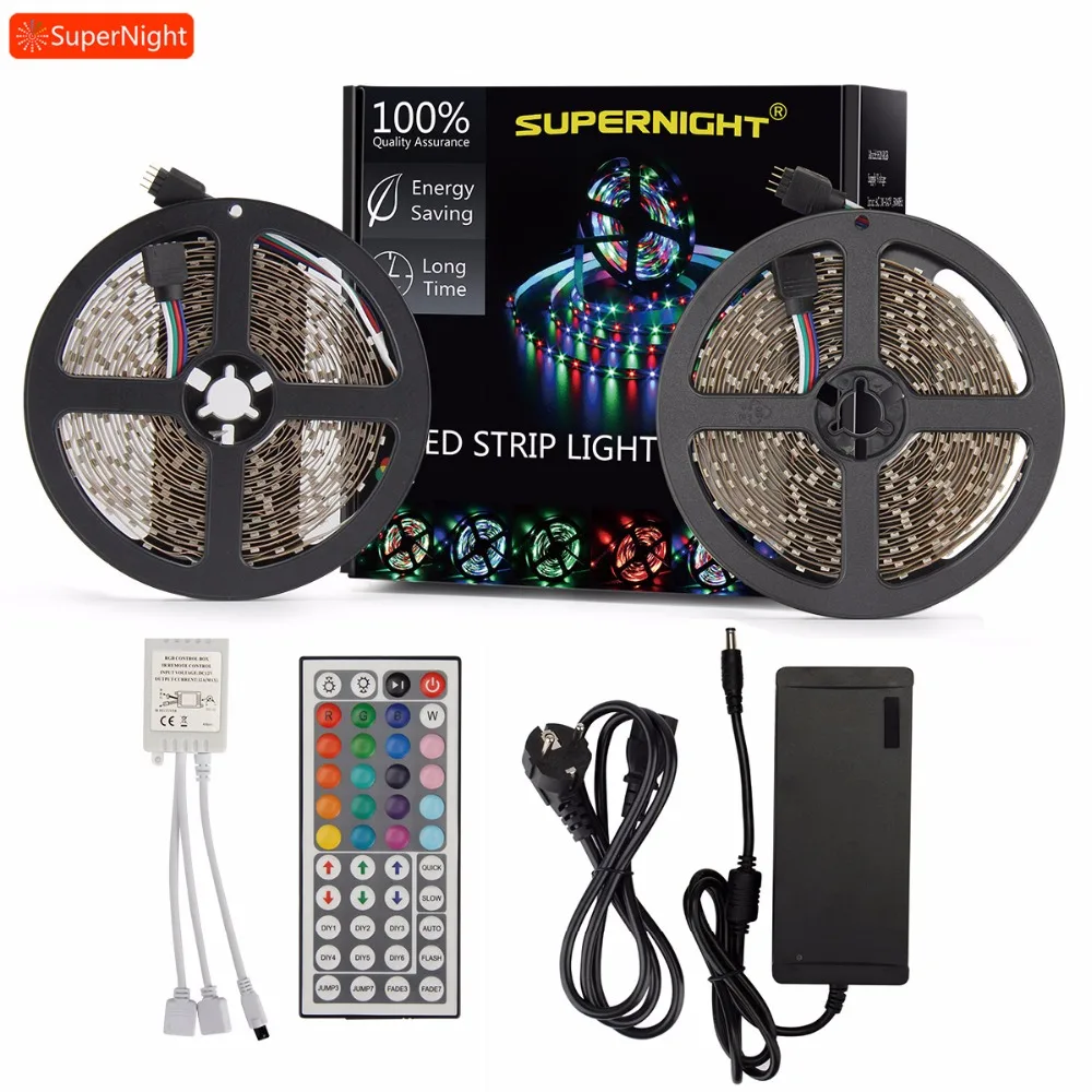 

20 Colors LED Strips Kit DC 12V 2x5M SMD 3528 60LEDs/m RGB LED Light Strip 44 Keys IR Remote Controller Dimmer 60W Power Adapter