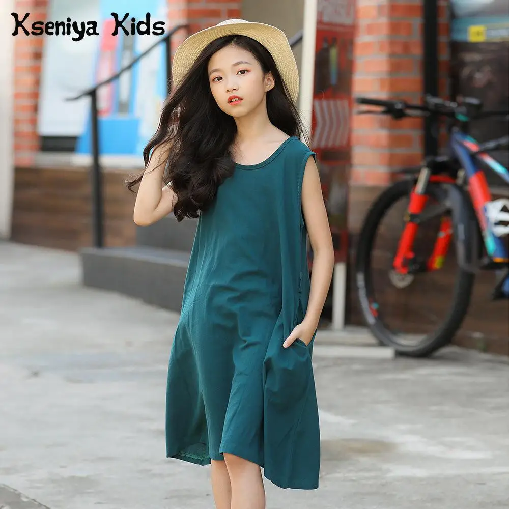 

Kseniya Kids Summer Sleeveless Girl Beach Cotton Brief Dresses With Belt Princess Dress Girl Clothing Brand Casual Dress Clothes
