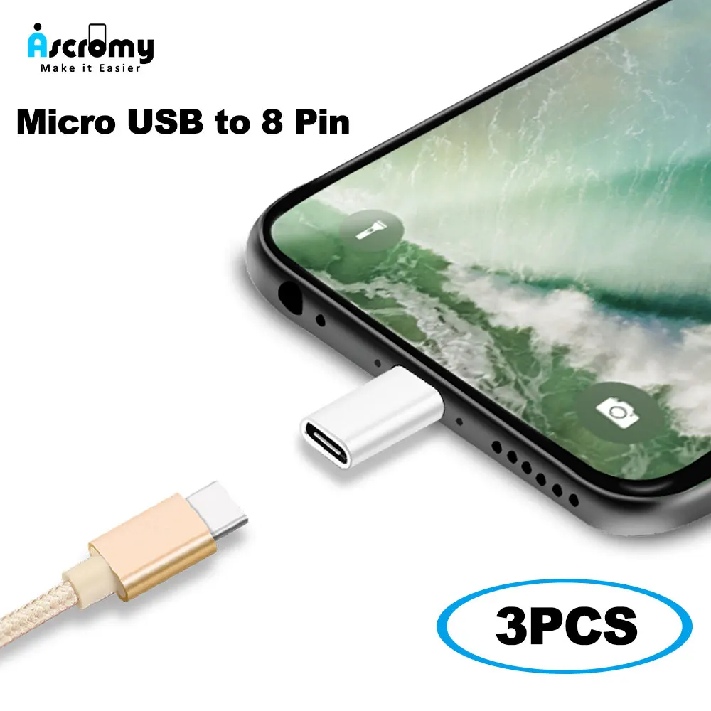 

Ascromy 3PCS Micro USB to 8pin Adapter For iPhone XS Max X XR 8 Plus 7 6 6S 5 5S SE 5C 8plus 7plus Case Mobile Phone Accessories