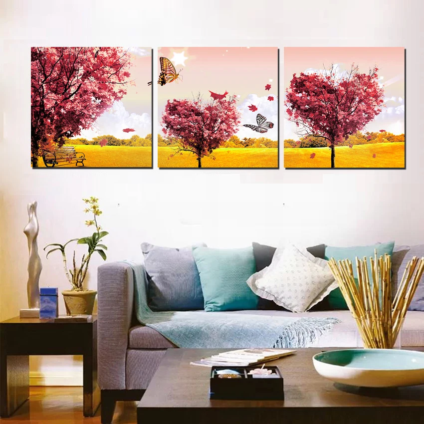 Triptych Canvas Art 3 Piece Red Heart Trees Romantic Scene Wall Printed