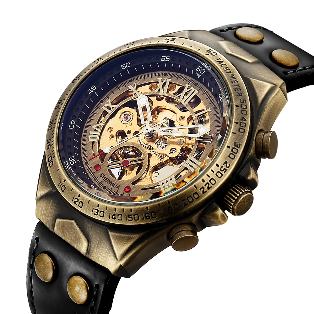 Механические часы, кожа, Мужские автоматические часы в стиле стимпанк, мужские часы со скелетом, бронзовые прозрачные винтажные спортивные наручные часы для мужчин
