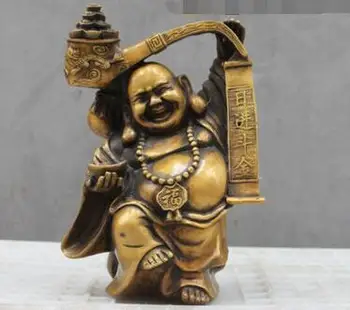 

Chinese Bronze Lucky Wealth Yuan bao Dragon Happy Laugh Maitreya Buddha Statue