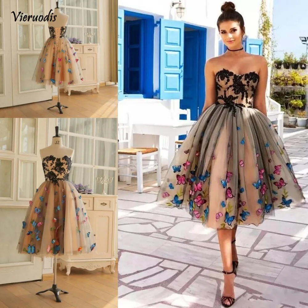 26-1        Real Images Knee Length Prom Dresses Colorful Butterfly Sweetheart Lace Appliques Cocktail Party Dress Lace Up Back Dresses Evening Wear