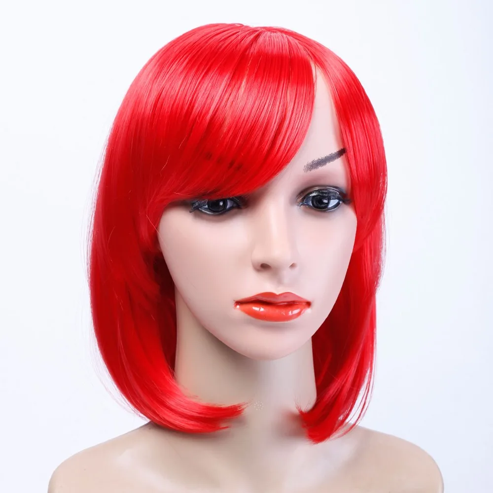 AOSIWIG 12Inch Mdeium Length Straight Cospaly Wig Bangs Red Wigs Pink