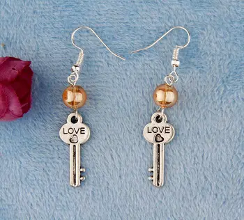 

Hot 40 Pair Retro Silver Love Keys&Glass Bead Charm Pendants Bohemian Drape Earrings Jewelry DIY For Women Top Quality J583