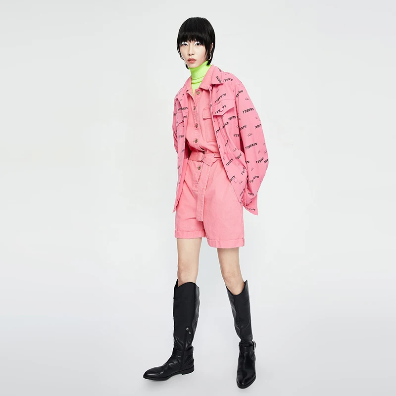 

Toyouth Pink Yellow Jeans Jacket Autumn New Women Letter Printed Long Sleeve Turn Down Collar Steetwear Denim Jacket Basic Coat