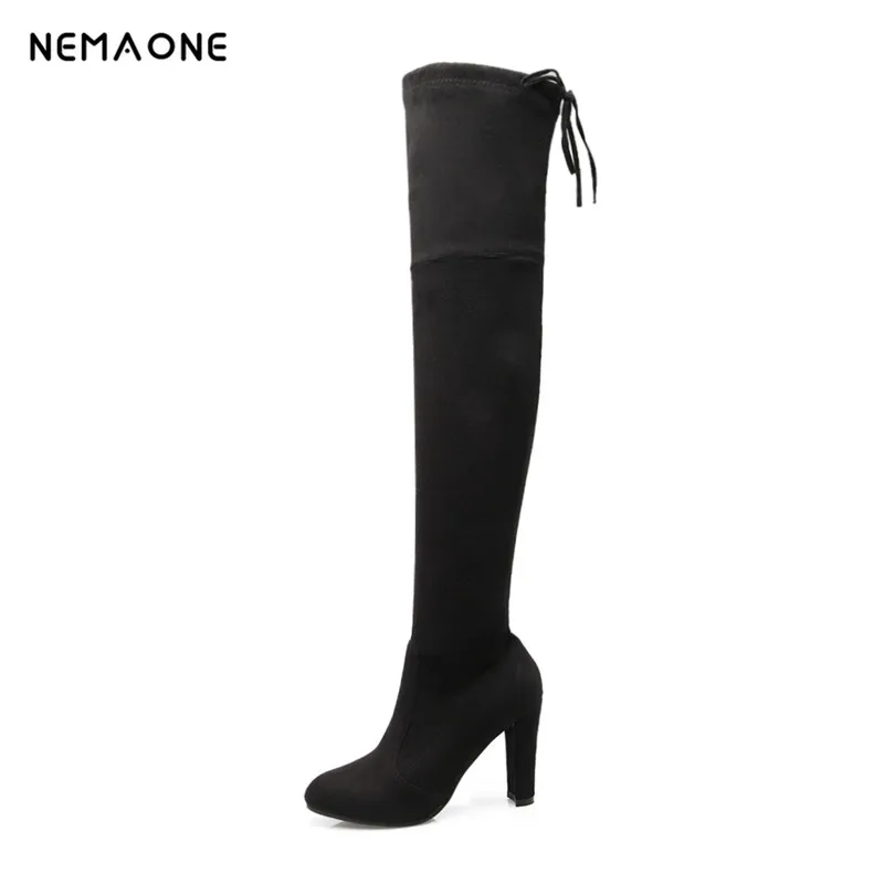

NEMAONE autumn winter new designer over the knee thigh high stretch suede boots stilettos booties Pumps Block Chunky High heels