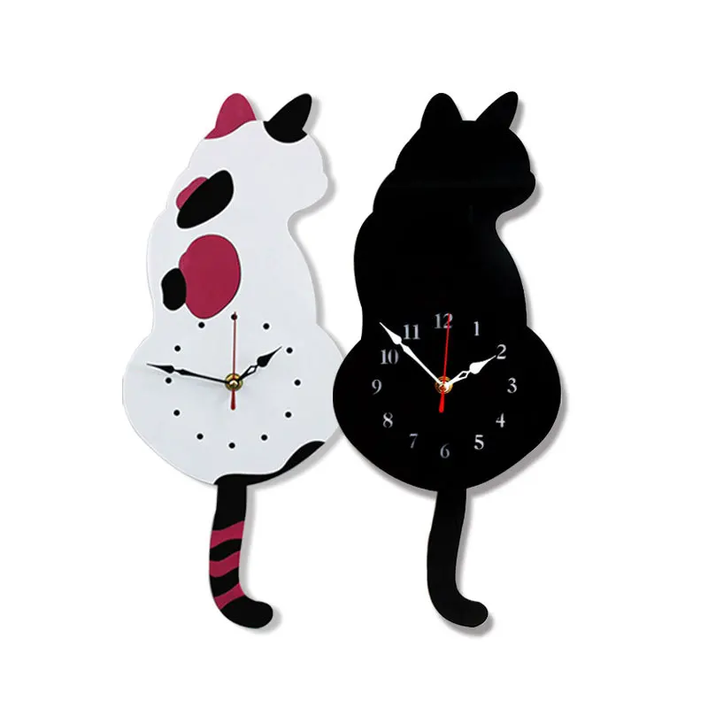 

M.Sparkling Acrylic cartoon creative wall clock non ticking cat Wagging Tail Kids Bedroom Decoration Unique Gift Mute Diy AUG27