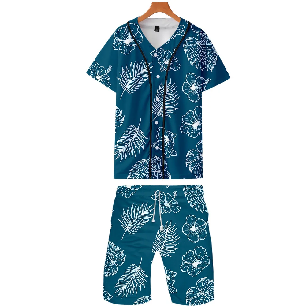Leaf 3D летние новые мужские повседневные пляжные костюмы шорты с коротким рукавом свитер + брюки Быстросохнущий Спортивный костюм мужские