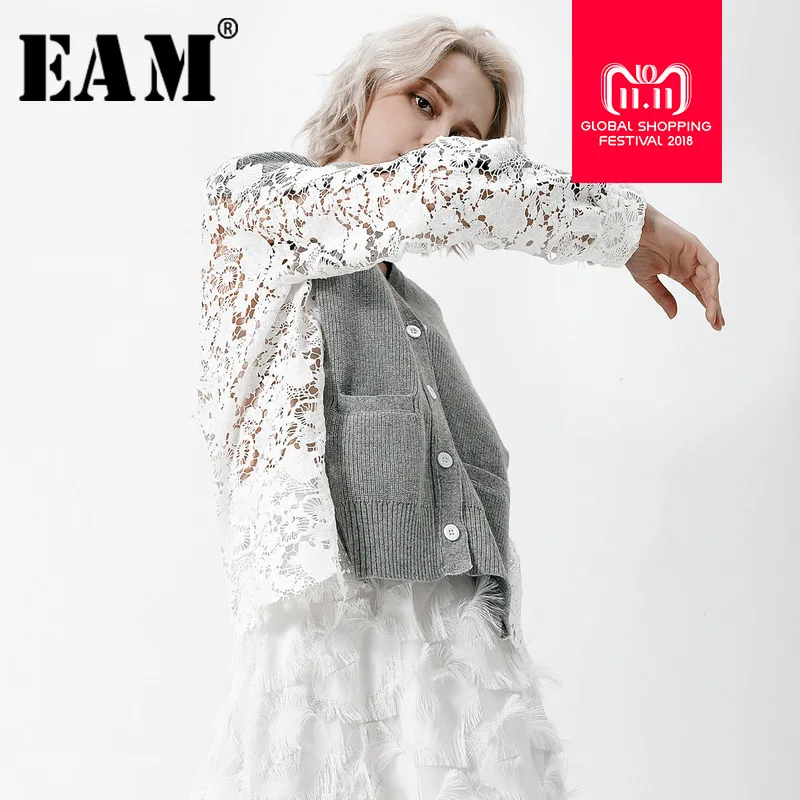 [EAM] 2019 New Spring Summer Fashion Tide Gray Patchwork Lace Long Sleeve Single Breasted V-neck Woman Shirt Blouse S626