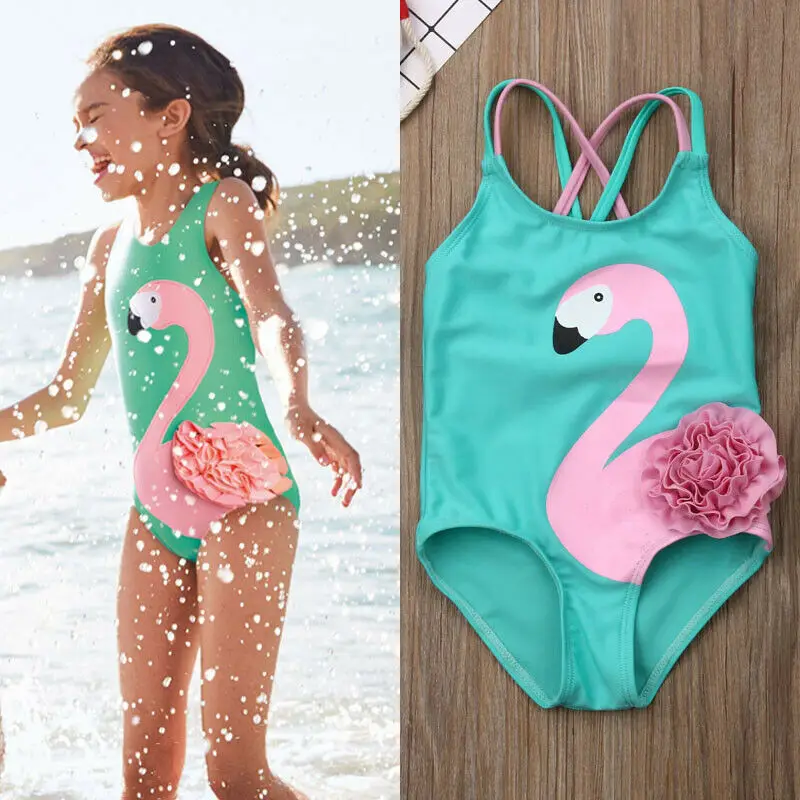 Купальный костюм с фламинго для маленьких девочек, Цельный купальник бикини, пляжный детский купальный костюм