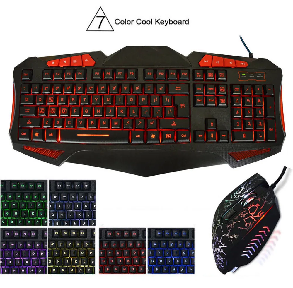 

2019 New Efficient Waterproof Design LED USB Gaming Keyboard with 7 Adjustable Colorful Backlights Keyboard and Mouse Combo Set