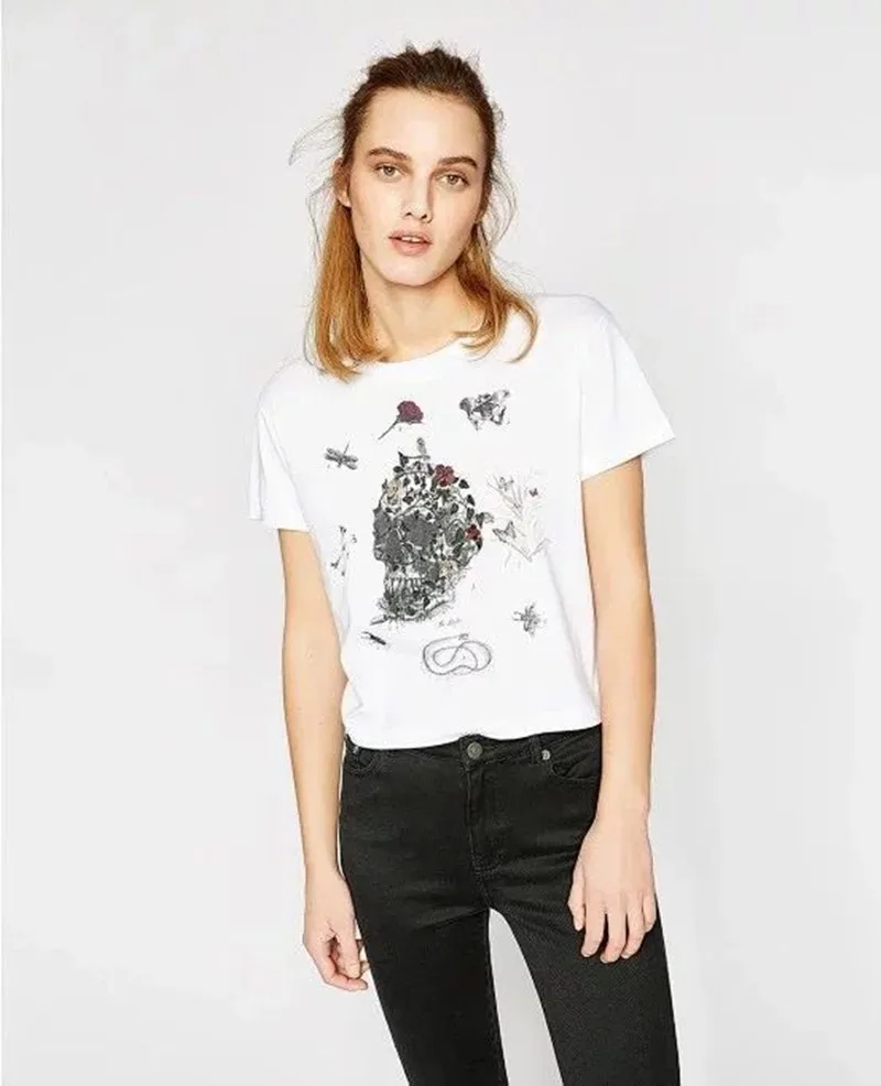 

Women Taro And Flower Embroidery White T Shirt Short Sleeve O Neck Tshirt