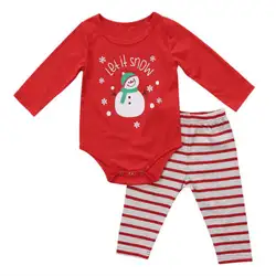 Emmababy/комбинезон с длинными рукавами и рисунком снеговика для маленьких мальчиков и девочек, штаны в полоску, Рождественская одежда из 2 шт