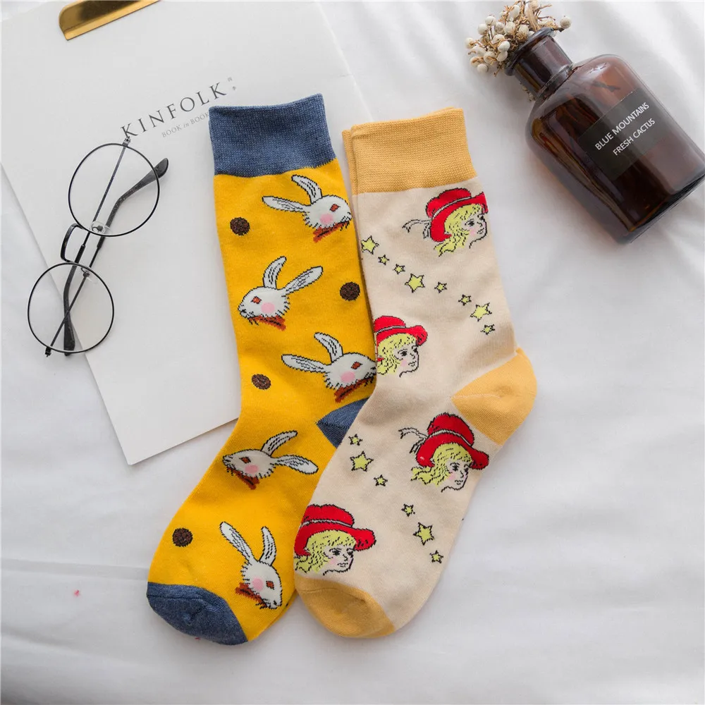 

Funny Cute Rabbit Cartoon Pattern Women Girl Cotton Crew Socks Spring Harajuku Yellow Designer Retro Streetwear Ankle Sox Japan