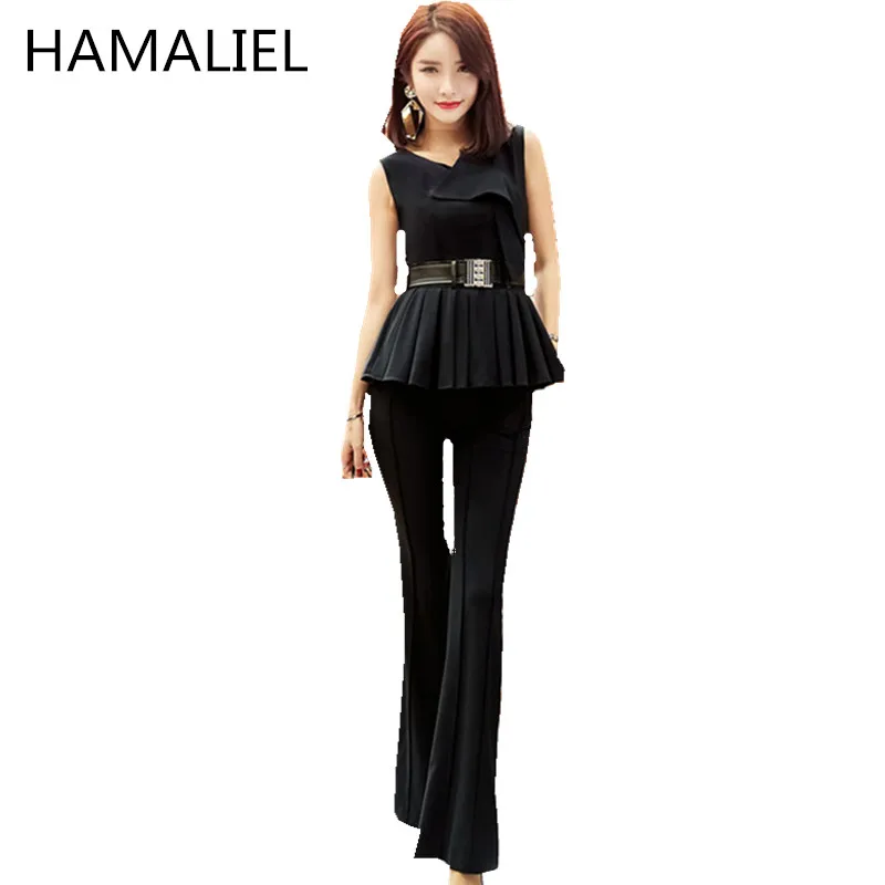 Image HAMALIEL Summer Two Pieces Set Women Formal Sashes Sleeveless Slim Tops + Full Length Wide Leg Crane Flared Trousers Pant Suit