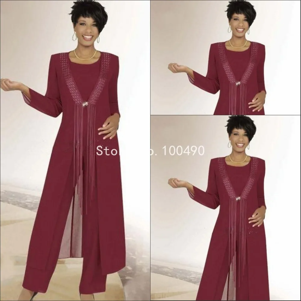 2016 Two Piece Dark Red Long Sleeve Pants Mother of the ...