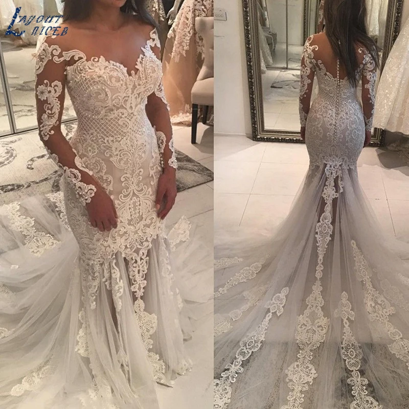 

SHJ592 Vestido De Noiva 2019 Hot Sale Lace Mermaid Wedding Dresses V-neck Long Sleeves Pearls Dubai Custom Made Bridal Dresses
