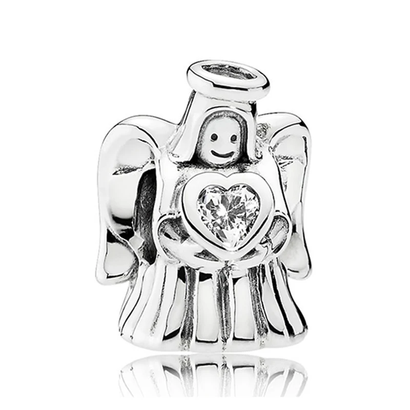 

New 925 Sterling Silver Bead Charm Angel Of Love Heart With Clear Cubic Zirconia Beads Fit Pandora Bracelet Bangle DIY Jewelry
