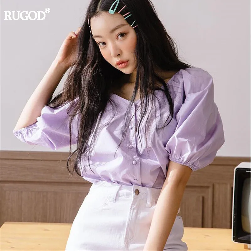 

RUGOD New Fashion Single Breasted Blouse Women Casual Sweet V Neck Lantern Sleeve Shirt Solid Summer Tops Harajuku 2019