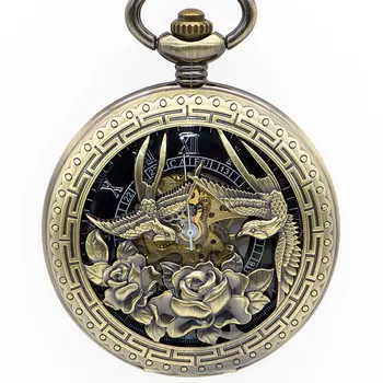

Drop Shipping Retro Bronze Phoenix And Rose Hollow Carving Transparent Mechanical Mens Casual Pocket Watches Analog Watches