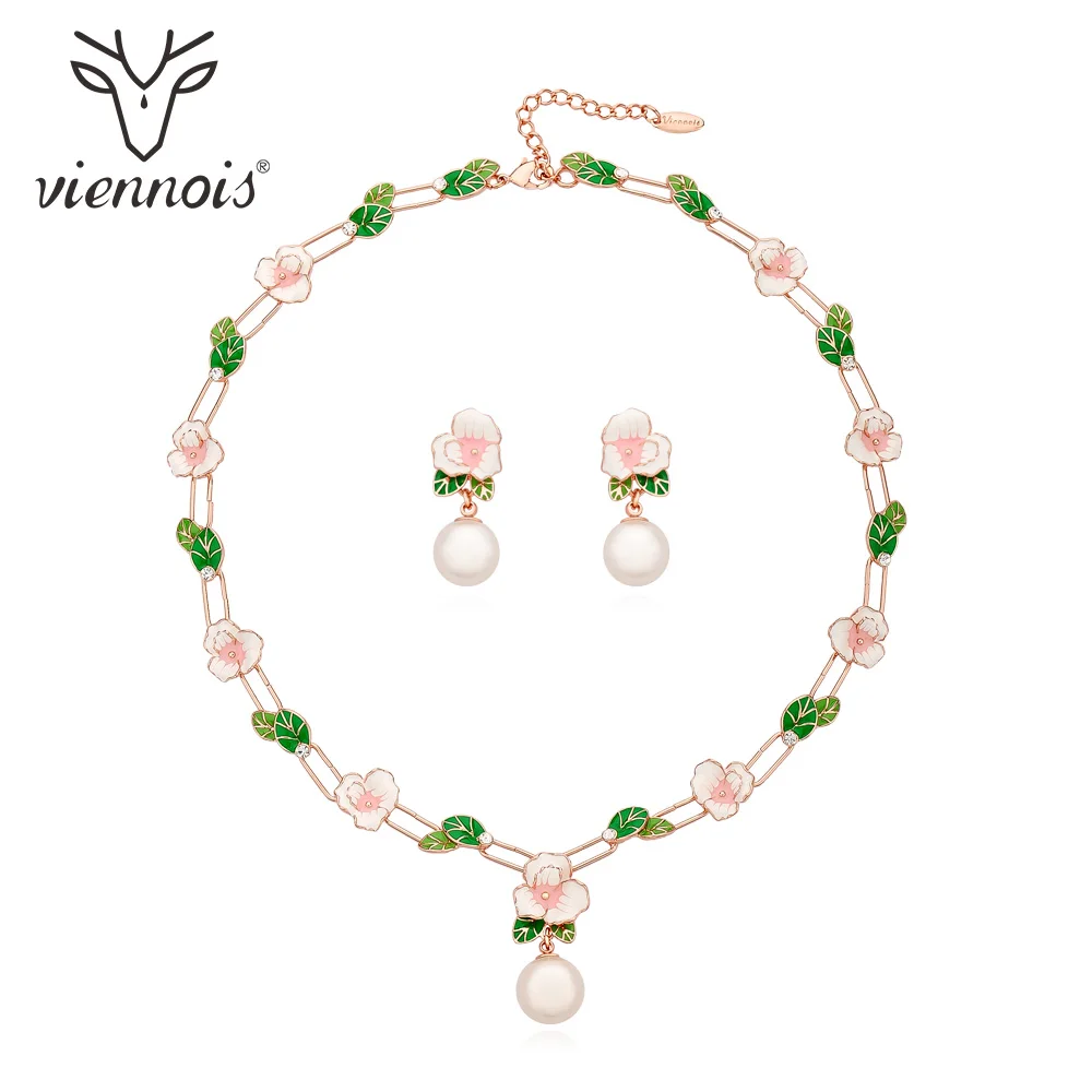 Viennois New Gold/Rose Gold Color Flower Jewelry Set For women Simulated-pearl Earrings Necklace Party | Украшения и аксессуары