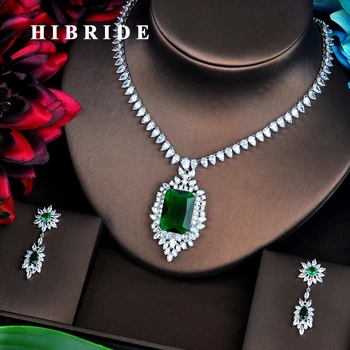 HIBRIDE Brilliant Green Full Cubic Zirconia Women Bridal Jewelry Sets Necklace Set Wedding Accessories Gifts Jewelry N-437
