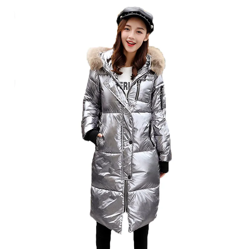 

Hat Hooded Long Coat Plus Size Slim Cotton Parkas Faux Fur Collar Thick Warm Outwear Golden Silver Winter Jacket Women Coat C155