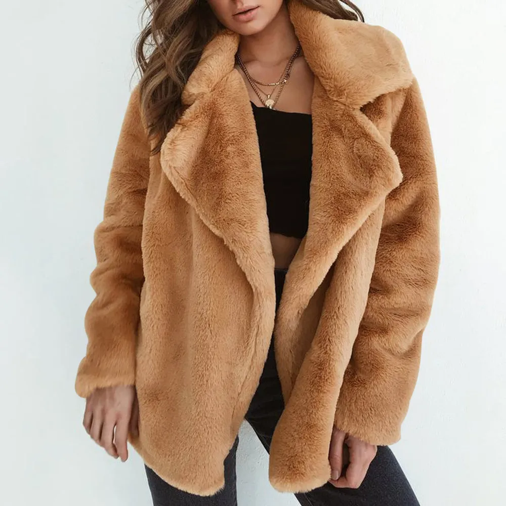 Меховое пальто, женское пушистое теплое пальто с длинным рукавом, однотонная верхняя одежда, осенне-зимнее пальто, куртка, Свободное пальто с большим воротником