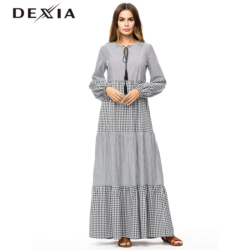 

DEXIA Plaid Grey Color Dress Women Bohemian Tassel Lantern Sleeve Maxi Muslim Women Clothes Long Elegant Party Dresses Robe 7284