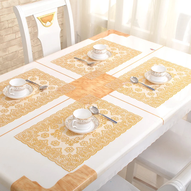  PVC Table Cloth Rectangular Waterproof Oilproof Anti-hot Gold Stamping Plastic Tablecloth Hollow Co