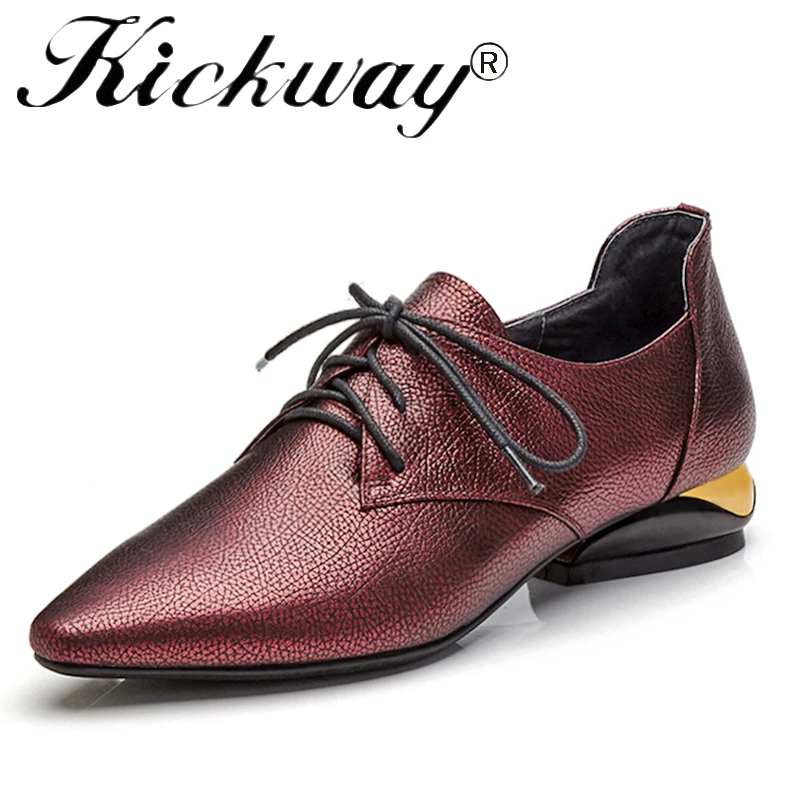 

Kickway Women Genuine Leather Shoes Brand Heel Pointed Toe Pigskin Inside Casual Shoes Comfortable Shoes Ladies Plus Size 34-42