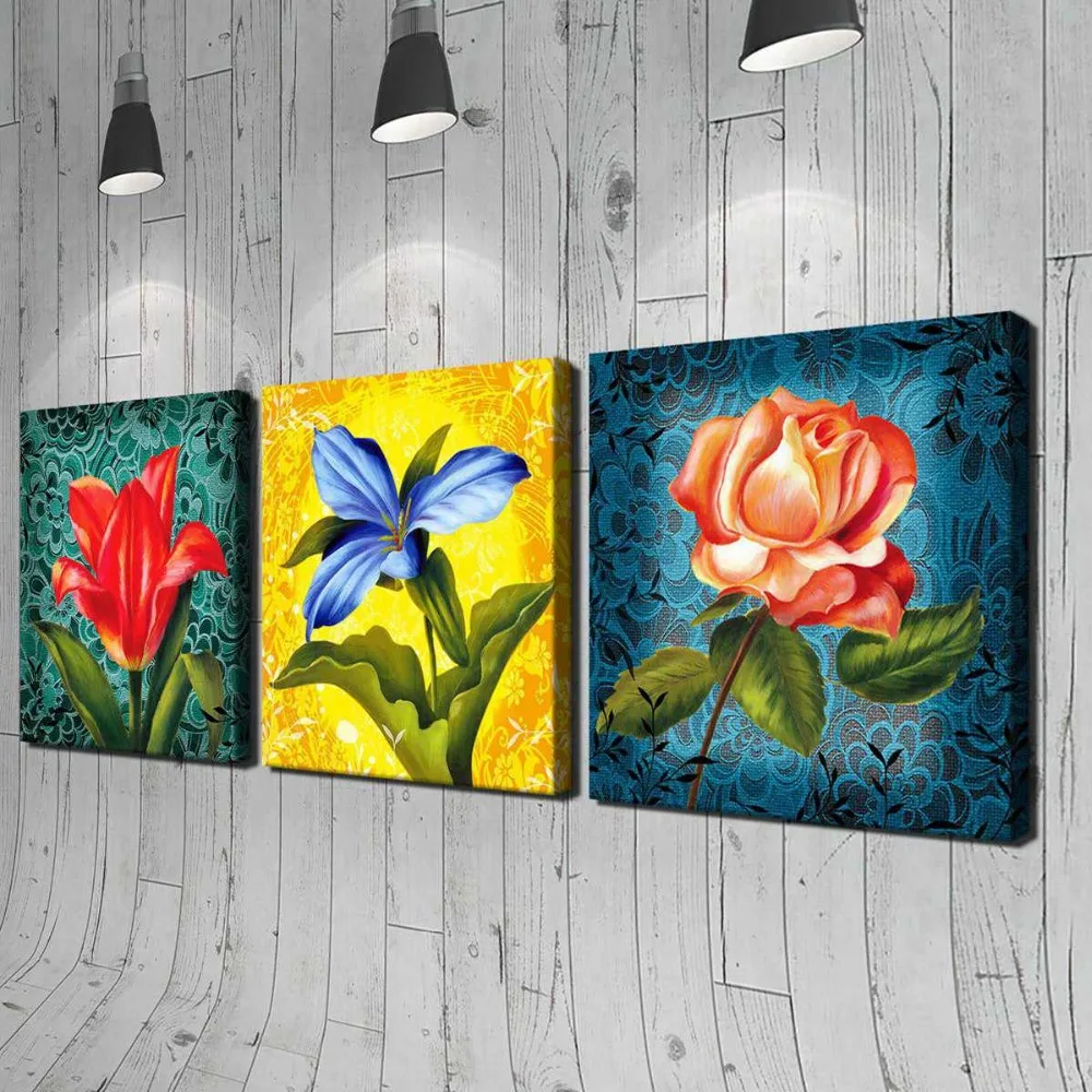 Frameless 3 Pcs Flower Printed Painting oil Painting Wall Art Oil