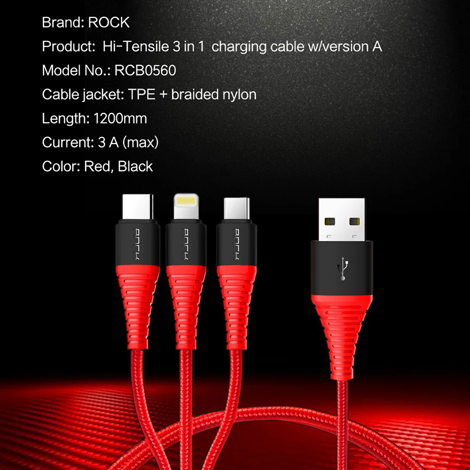 ROCK 3 в 1 высокопрочный usb type C Micro USB и зарядный кабель для iPhone, телефонный кабель для iPhone зарядное устройство usb-c шнур провод