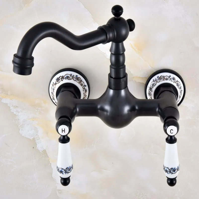 Black Oil Rubbed Bronze Wall Mounted Bathroom Kitchen Sink Faucet Swivel Spout Mixer Tap Dual Ceramics Handles Levers anf864