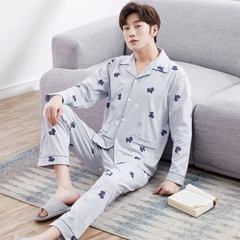 

100% Cotton Cardigan Pajama Sets for Men 2018 Autumn Winter Long Sleeve Print Pyjama Sleepwear Male Lounge Homewear Home Clothes