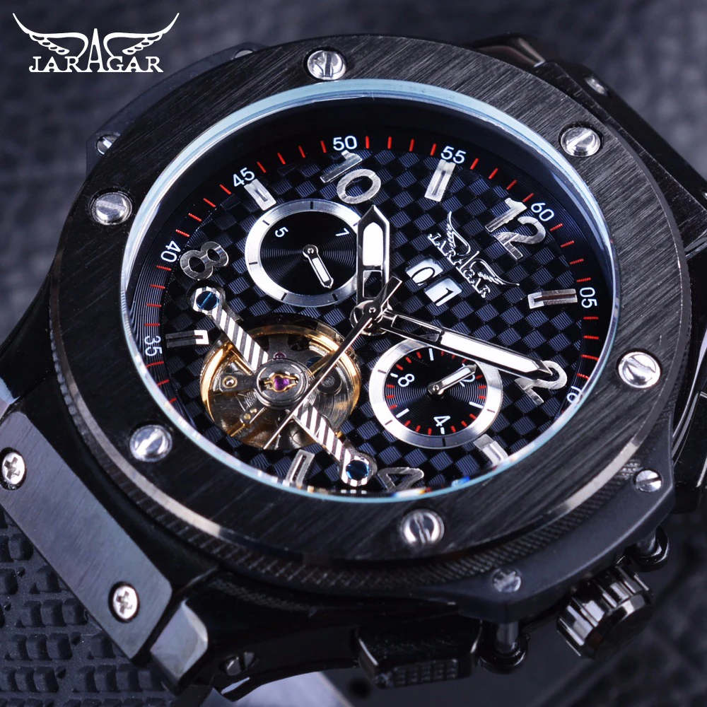 

Jaragar Racing Tourbillion Design Sport Rubber Band Military Fashion Calendar Mens Automatic Watches Top Brand Luxury Mechanical