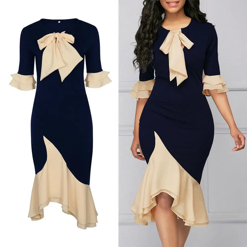 Women Ladies Lace Up Half Sleeves Bodycon Dress Ruffle Knee-Length Trumpet Party Formal | Женская одежда