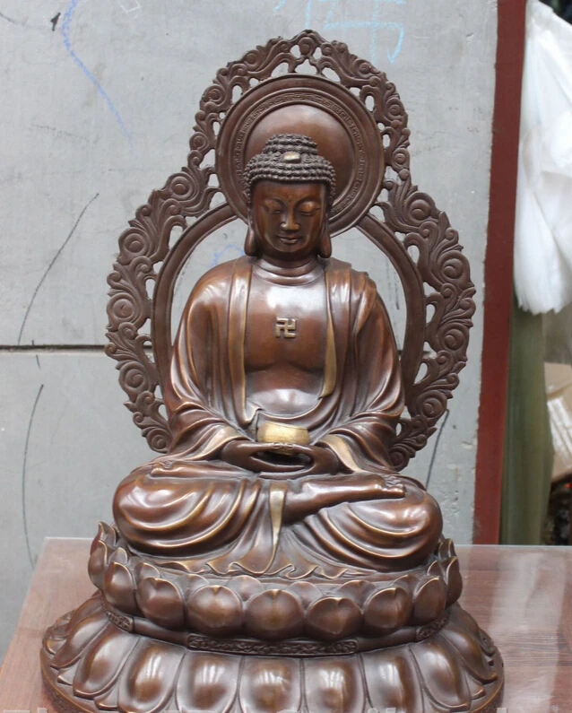 

JP S0302 19" Tibet Bronze Shakyamuni Sakyamuni Amitabha Buddha On Lotus Hold Pot Statue