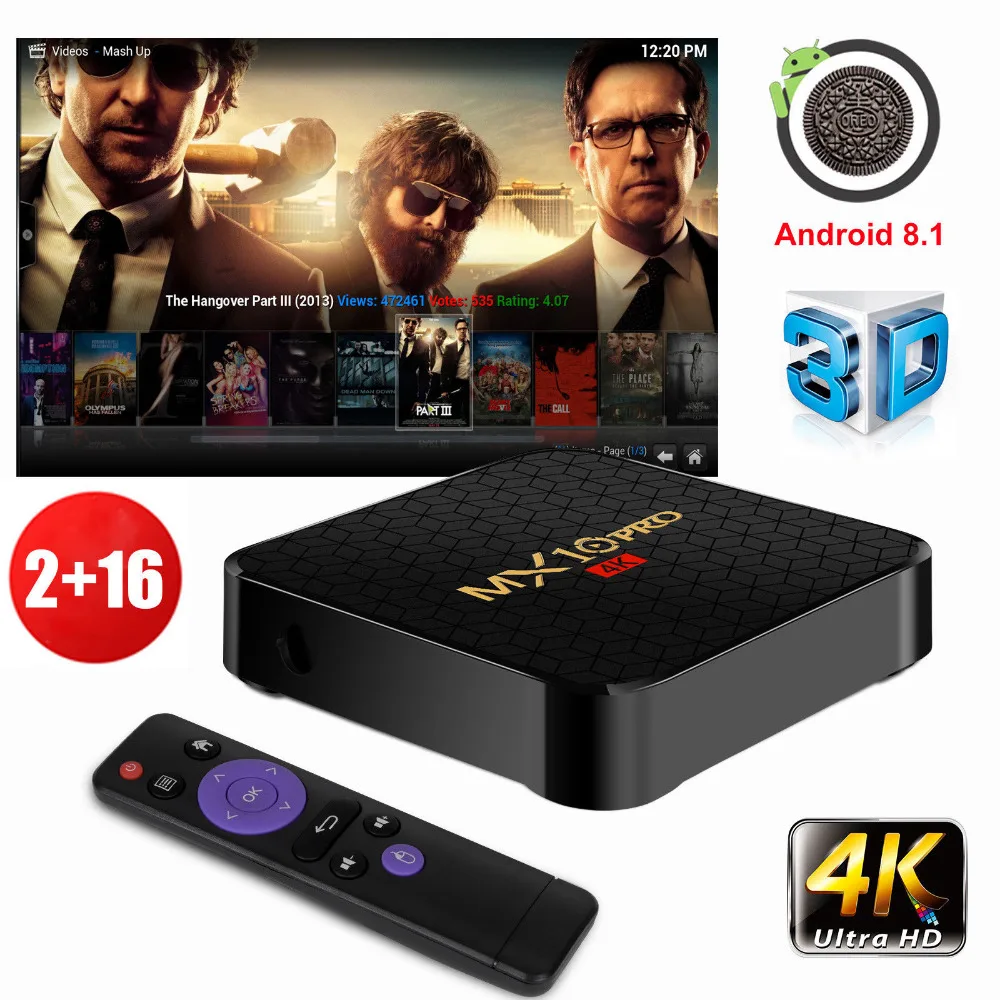 MX10PRO 2+16G Android 8.1.0 Oreo Quad core 4K Smart TV BOX 3D Media Player HDMI 
