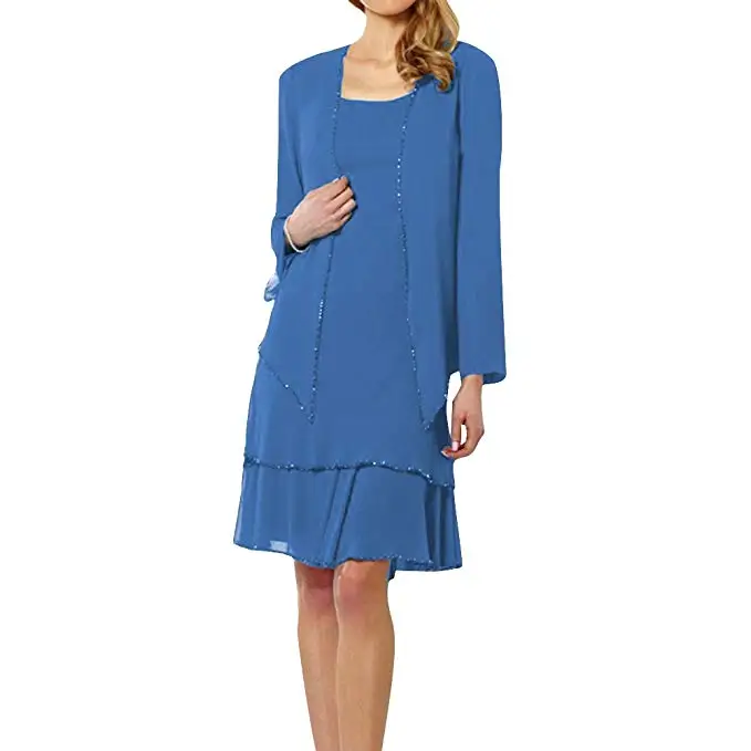 

2019 Women's Chiffon Short Tiered 2 Pieces Dress With Jacket Mother Of The Bride Dress Vestido De Festa Longo