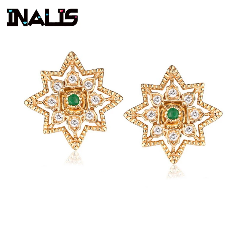 

INALIS Lovely Shining Flower Stud Earrings 925 Sterling Silver Yellow Gold Plated Inlay Emerald CZ Crystal Brincos for Women