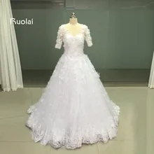Real Image Scoop Ball Gown Wedding Dresses Turkey Half Sleeves Flower Beaded Tulle Appliques long Bridal Gown Wedding Party FW61