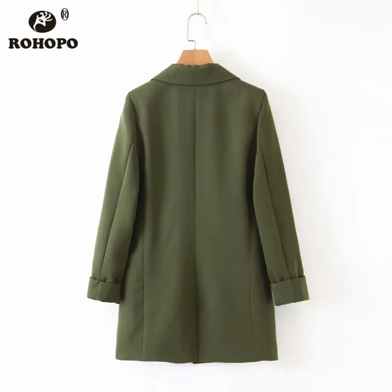 ROHOPO Army Green Double Buttons V Collar Blazer Office Ladies Slim Fit Solid Outwear Girl Fold Sleeve Flared Hem Blazer #BM2193