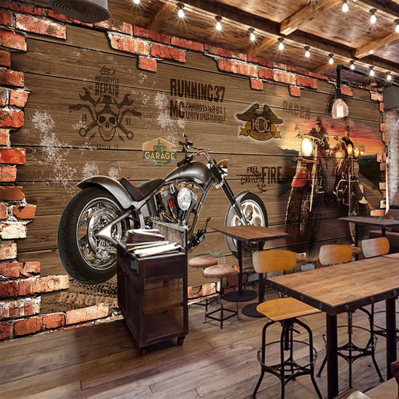 Papel de Parede Retro Personalizado do Tijolo da Motocicleta Mural 3d Gravado Decoração Criativa Personalizada Restaurante e Café Decoração d