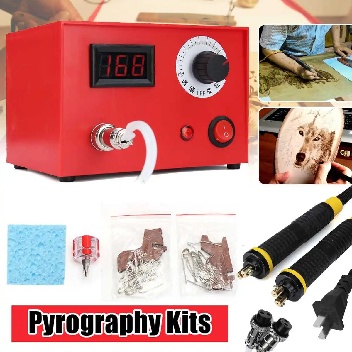 

220V 50W 2pcs Pyrography Pen Multifunction Pyrography Machine Gourd Wood Burning Pen Craft Tool Kit Sets US Plug