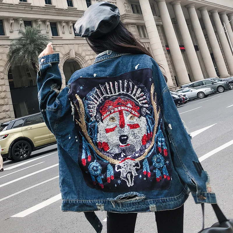 Manteaux Femmes Style Printemps Sequin De Mode Patch Veste Arrivée Déchiré Longues Nouvelle Trou 2019 Denim Rue Manches Blue Base Jean À Bf 7Sxw4wq