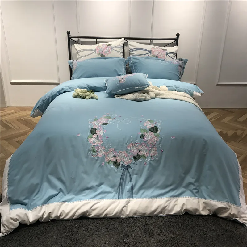 

Wathet 100% Pure Cotton Exquisite Flower Embroidery Bedding Set King Queen Size Duvet Cover Bed Linen Bed Sheet Pillowcases
