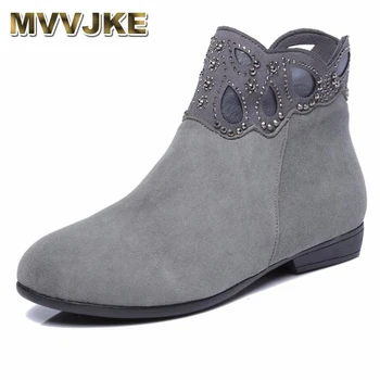 

MVVJKE Flat Boot Women Genuine Leather Ankle Boots Warm Winter Cow Suede Low Heels Booties Fashion Spring Ladies Shoe Big Size