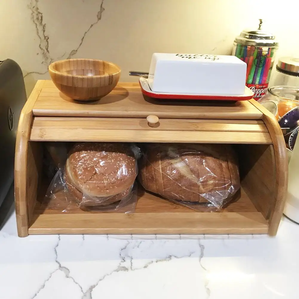 

2019 40X27X17CM Wholesale Natural Bamboo Bread Holder Food Storage Container Kitchen Roll Top Bread Storage Box Kitchens Supply